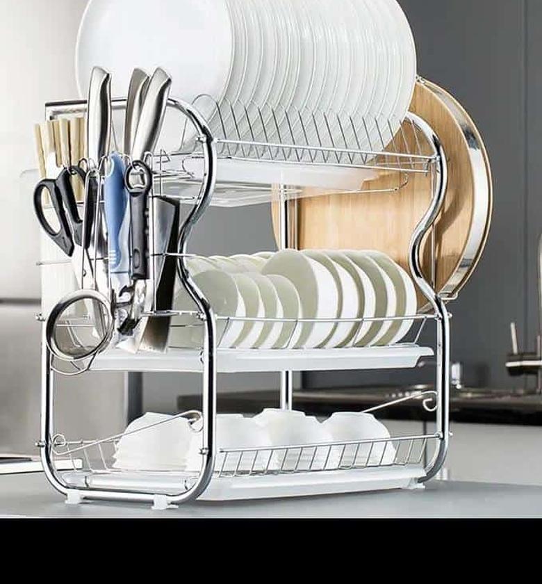 DISH RACK. 3 Tier Dish Rack Kitchen Utensils Organizer and Drainer 3 Layers Stainless Steel Rack image