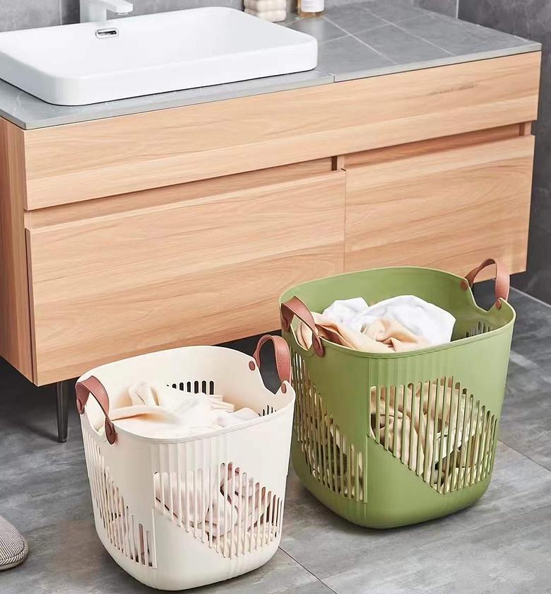 Stylish Plastic Laundry Basket With Leather Handles  image