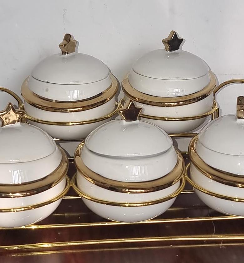 11pc Golden sugar dish set 5 sugar dish 220ml with airtight lids on a  golden rack now available  image