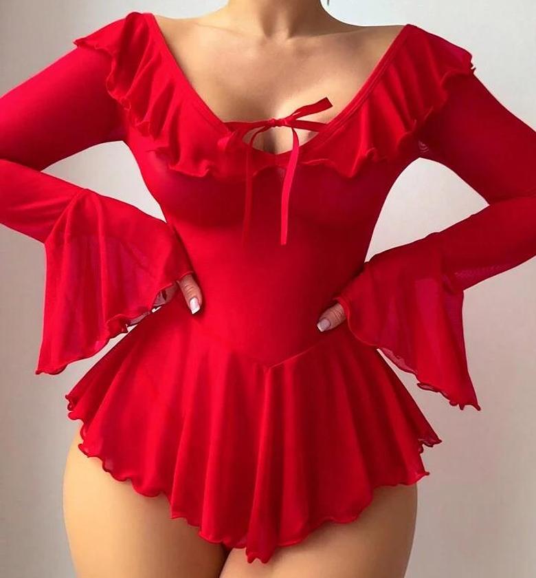 2Pcs Set Romantic Off Shoulder Mesh Splicing Long Sleeve Pleated Sexy Nightgown image