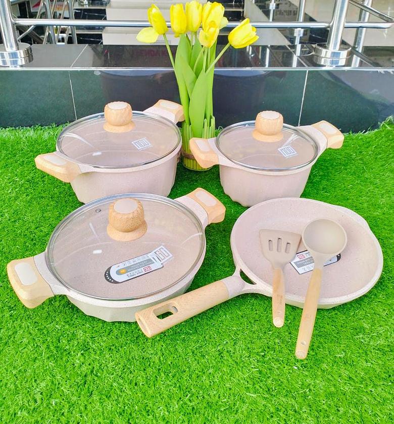 9pcs MGC  Granite cookware set  💧Heavy duty and good quality 💧Has an induction bottom  💧 CAPACITY; Sizes of the cookwares -- 20cm (3.1 litre) and 24cm (5.1 litre) Shallow pot -- 24cm (2.8 litre) Frying pan -- 24cm (1.6litre) image