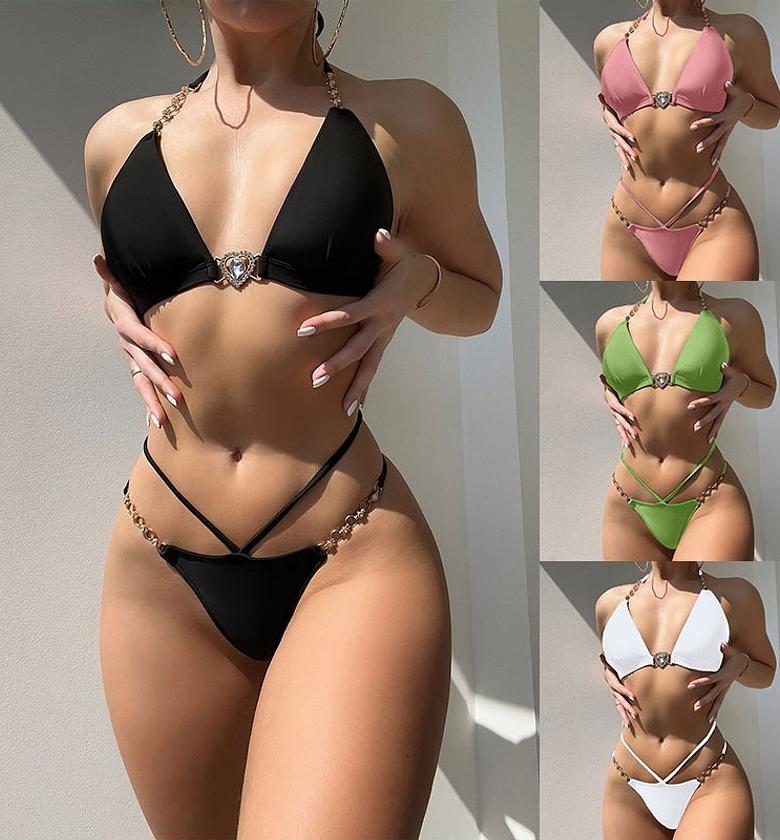 Women's Two Color Separate Bikini Round Neck Twist Front Thong Swimming Costume Vintage Holiday Sea image