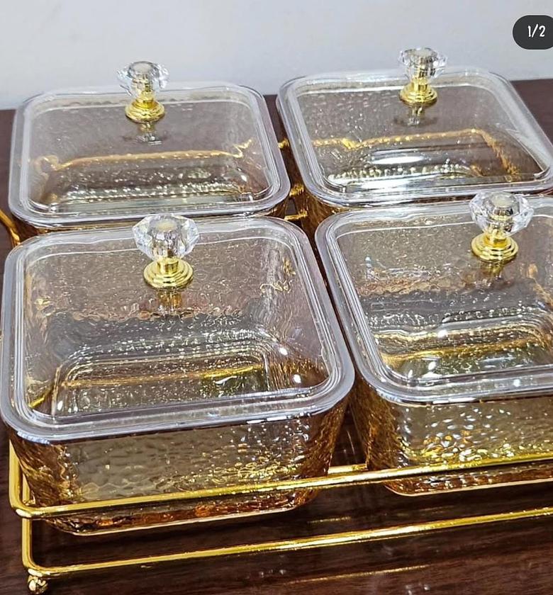 4in1 4pc heavy glass golden sugar dish set. image