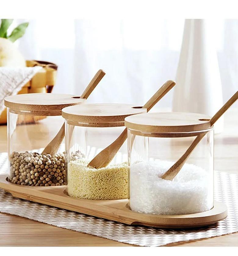 3 PCS Stylish Simple Condiment Canisters Pots Set, Decorative Storage Seasoning Glass Container Box with Bamboo Spoon Lid and Base for Home Kitchen café Storing Salt Sugar Pepper Spice image
