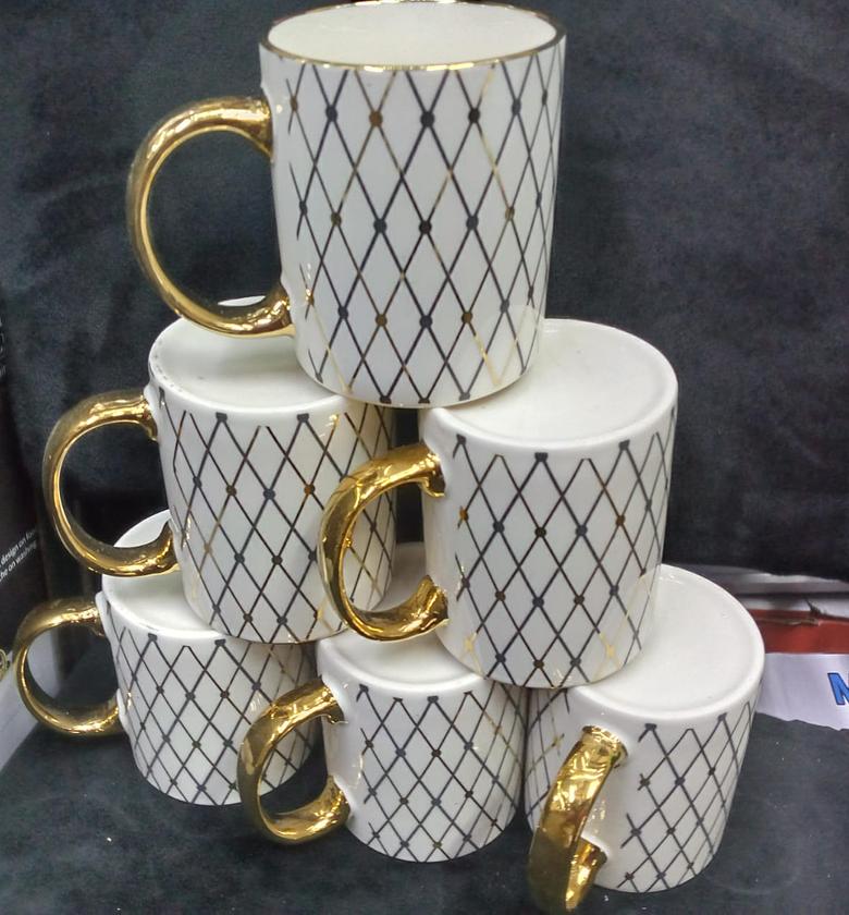 6pcs set Bone-China ceramic elegant mugs with golden handles For White Coffee Mugs, Set of 6, 350ml White Porcelain with Gold /black pattern Coffee Mug Set, Hot Chocolate Mugs, Ceramic Mugs, Large Mugs for Coffee, Set of Mugs, Hot Cocoa Mugs, Coffee Mug Ceramic Set image