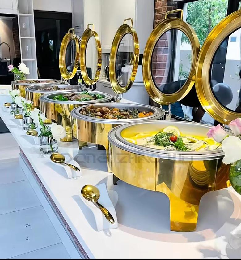 6 LITRES GOLD SQUARE AND ROUND Chafing Dish Buffet Set,  Chafing Dishes for Buffet with Glass Lid, Serving Utensils, Stainless Steel Chafers for Catering for Parties, Events, Wedding image
