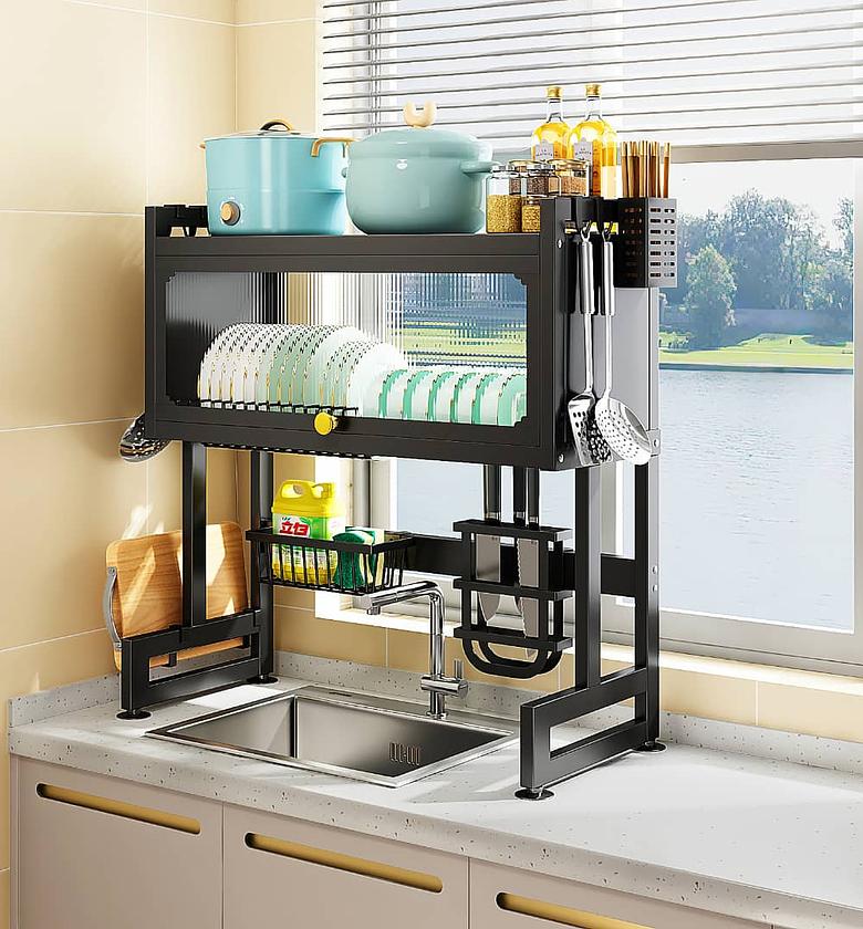 Dish Rack. Double Over The Sink Rack With Glass Lid  image