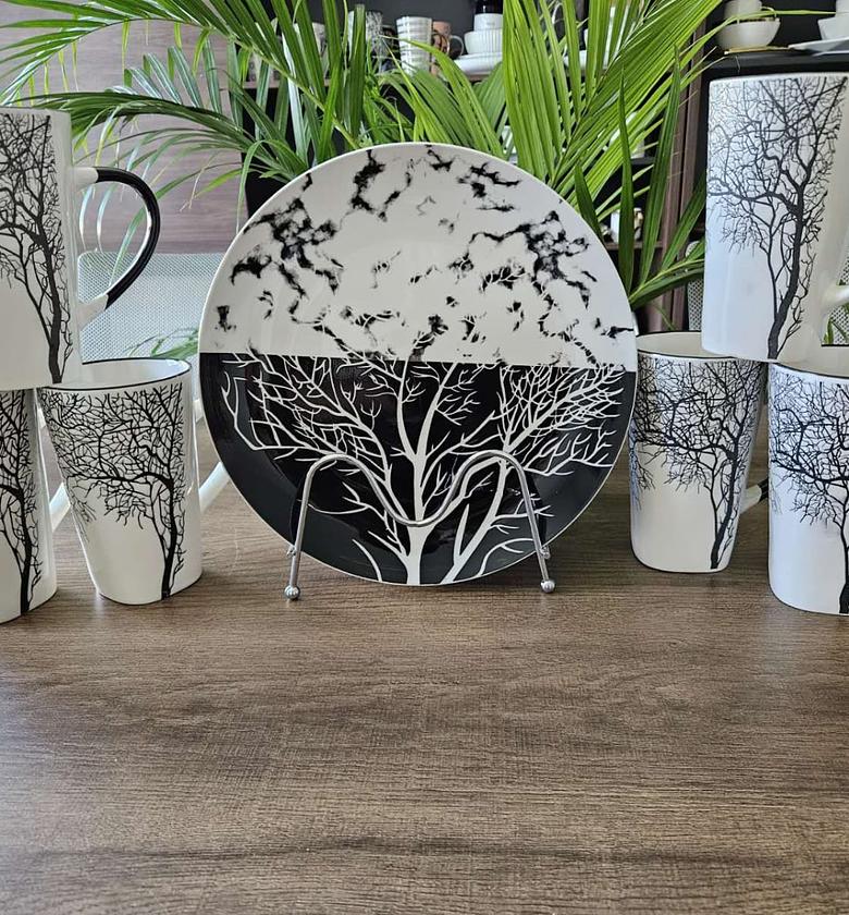 12 pc Ceramic Plate And Mug Set Tree Mugs 6pcs Plates 6pcs Cups image