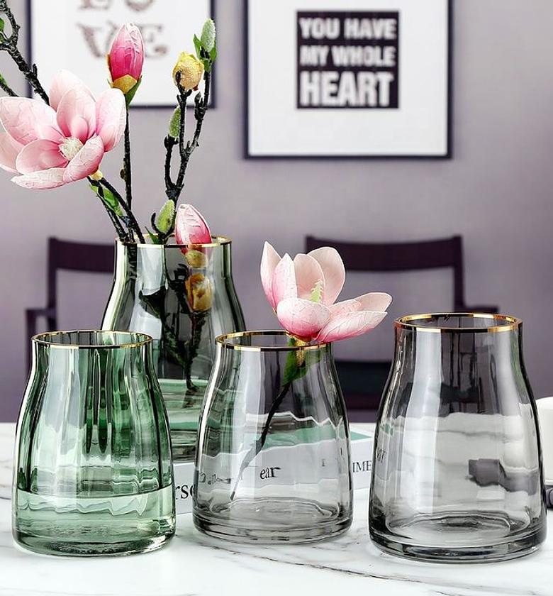 ▪️Wide sophisticated green tones Nordic glass vase with a touch of gold    image