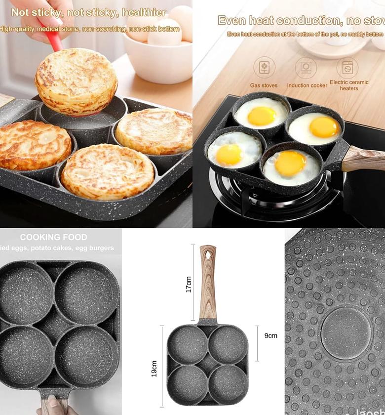 4-cup fried egg frying pan with brush for oil, non-stick poached egg pan pancake skillet for burger, omelet, outdoor camping, image