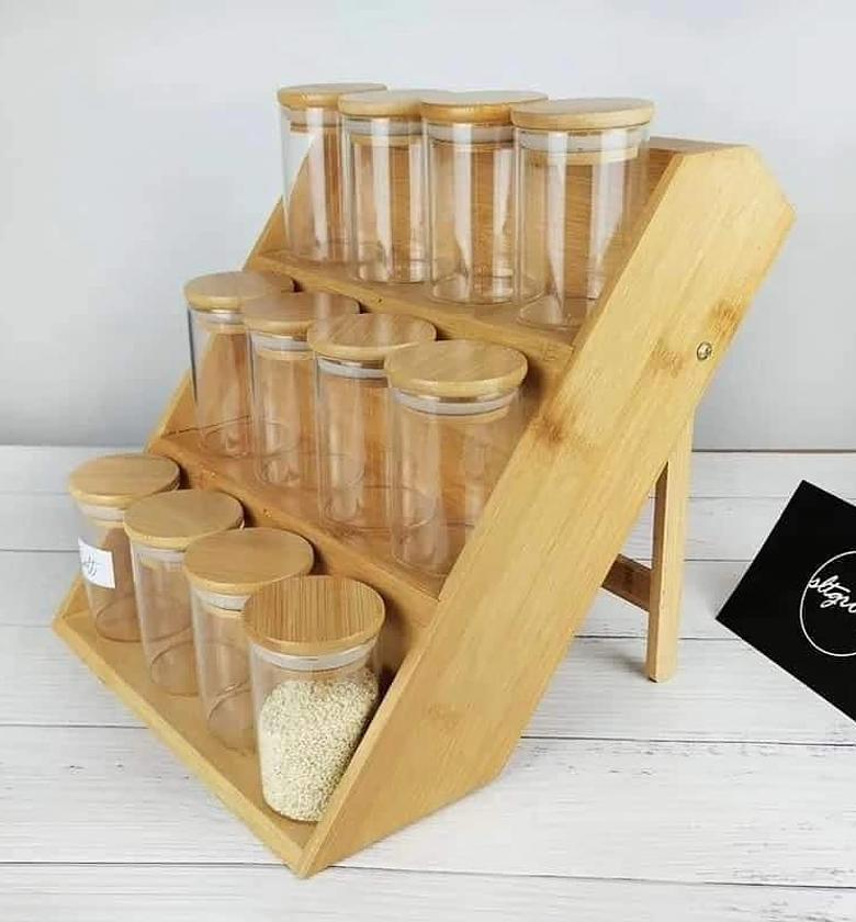 3-Tier Bamboo Spice Rack with 12 Spice Jars image