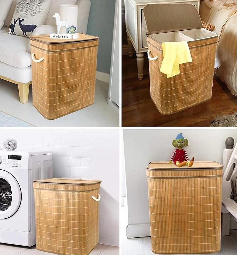 100L Bamboo Laundry Basket with Flip Lid - Large Folding Clothes Hamper Washing Bin with 2 Compartments Sections  image