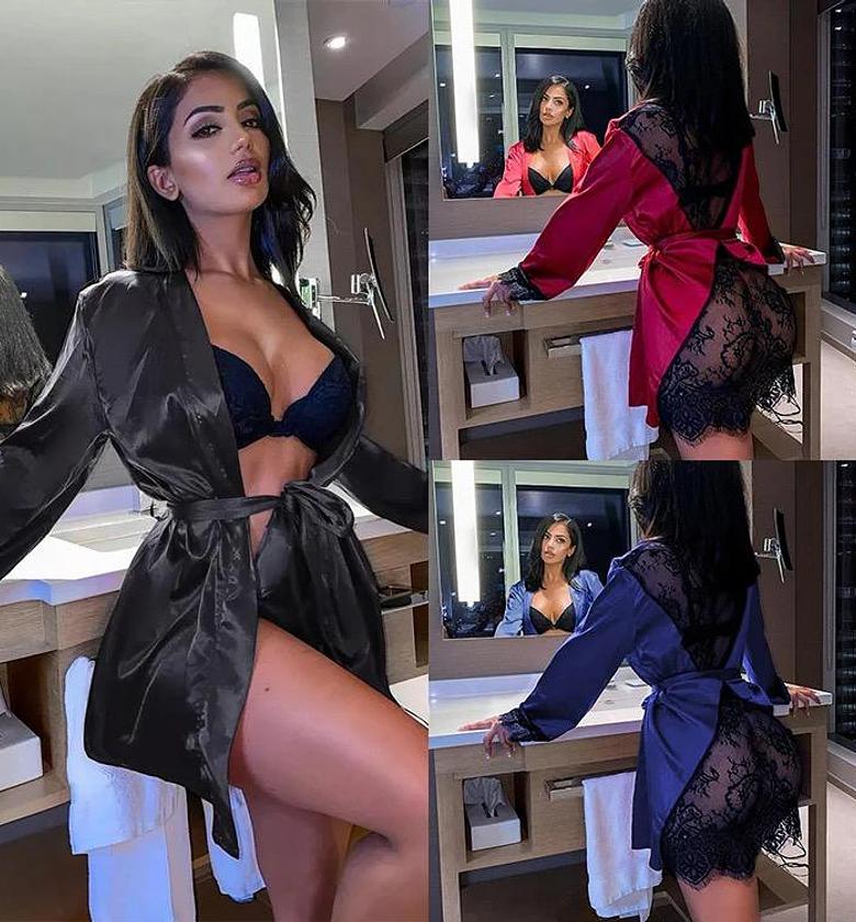  Unique Design Satin Lace Robe Transparent Lace Night Robe Sexy Clothing Sexy Lingerie Womens Sexy Underwear image
