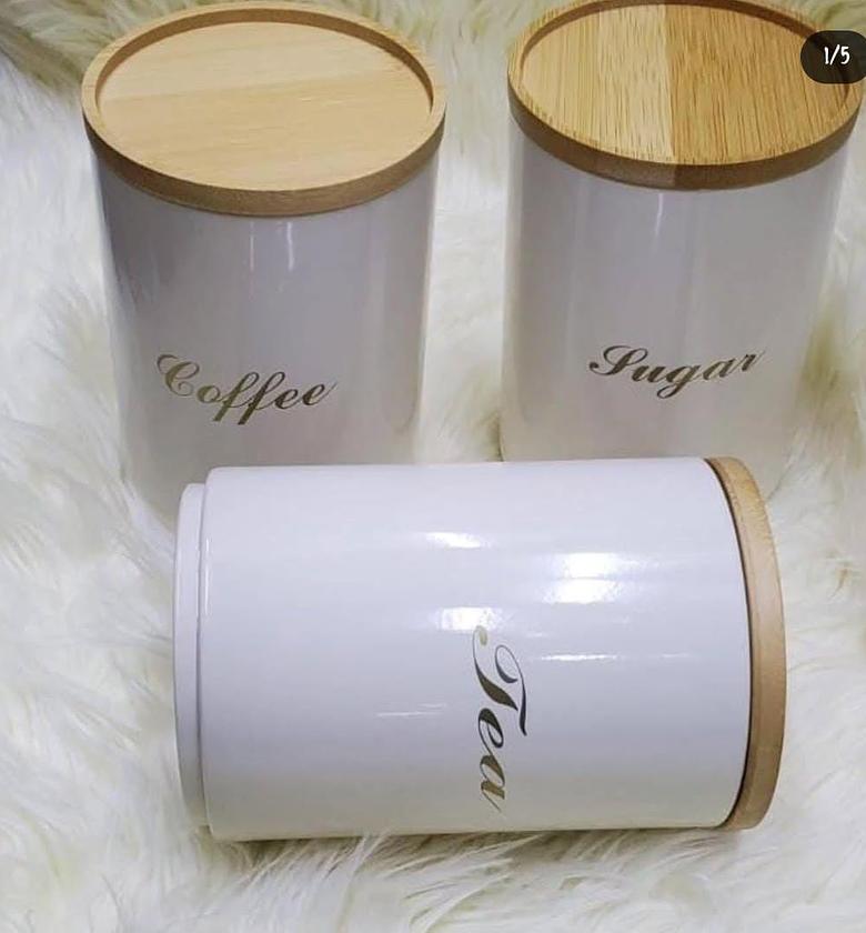Sugar, Tea, Coffee canisters. image
