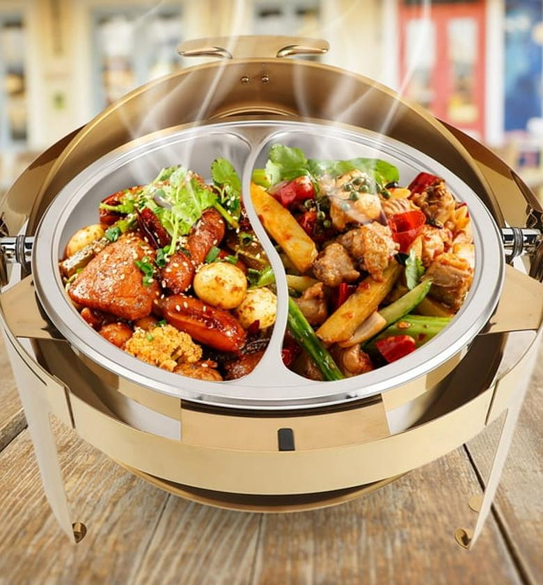 6.0L Round golden roll top chaffing dishes food servers with single and double compartments image