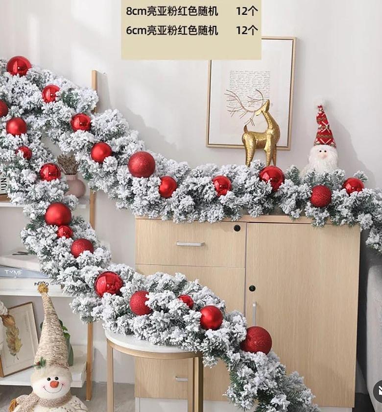 2.7Meters  Christmas Pine Garland Snow Flocking with decorations and lighting. image