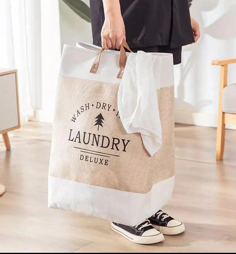 Linen Fabric Laundry Basket With Leather Handle. image