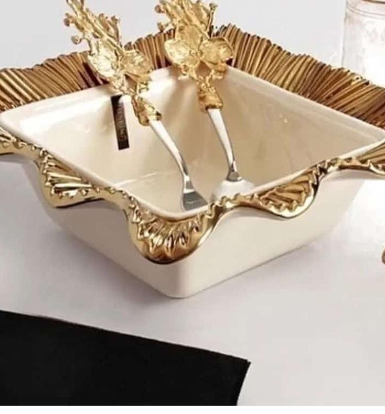 Square whute and gold royking brand fine porcelain serving bowl image