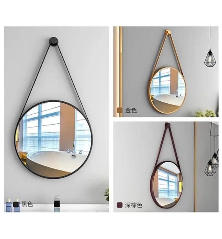 Minimalist Nordic Round Decorative Mirror With A Leather Strap image