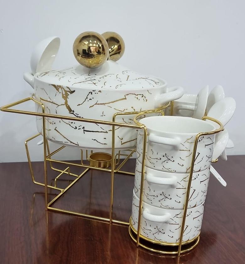 Fancy Ceramic Soup Tureen Bowl Gift Set with 6 Soup Bowls/Cups with Handles, Gold Stand & Lid, Hotpot Style Home Decor Kitchen Utensils Set for image