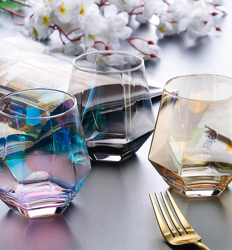 Diamond Wine Glasses Set of  6 Rocks Glasses Whiskey Glasses Crystal ,Cognac,Scotch,Cocktails Glass Unique Christmas Father's Day Gifts (Rainbow,  image