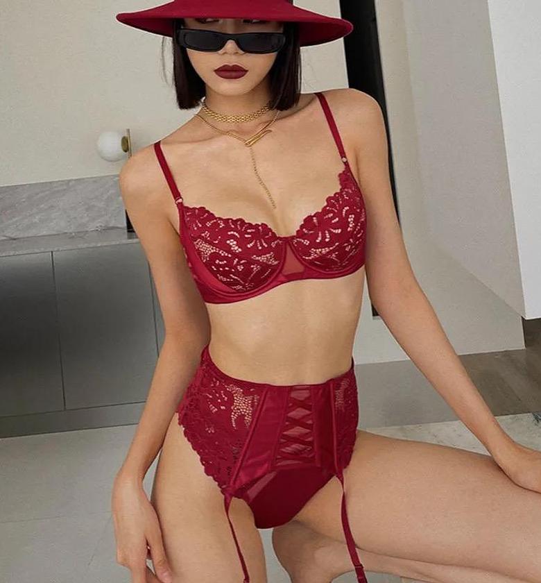 Bra and panties set 3 pcs sexy underwear lingerie embroidery bra briefs set image