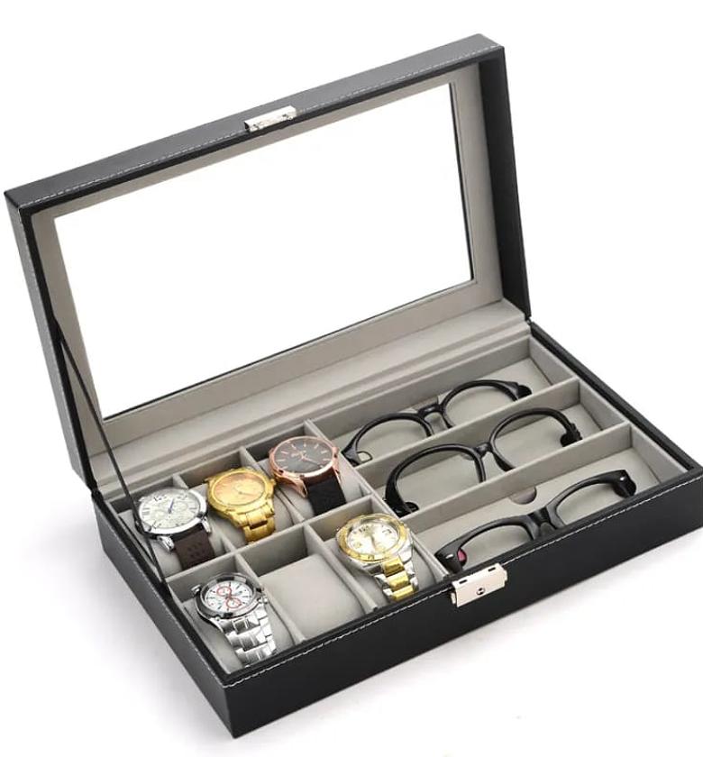 Leather 6 Watch and 3 Eyeglasses&Sunglasses Box with Jewelry Display Case Organizer,Mens Women Storage Holder Boxes,Glass Top,Black image