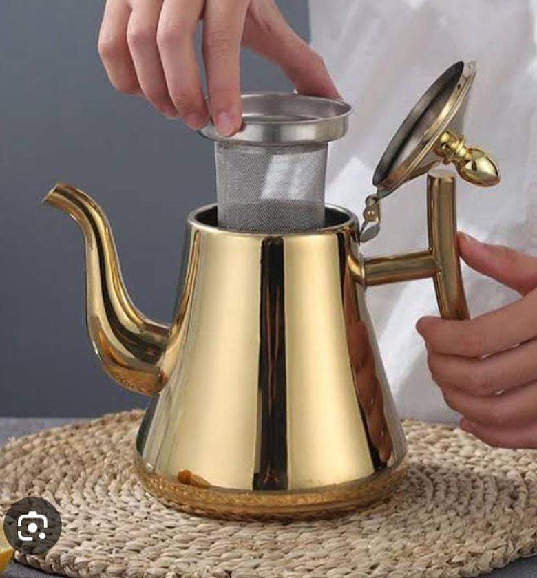 TEA POT. 2ltrs tea pot with filter gold thicker stainless steel image