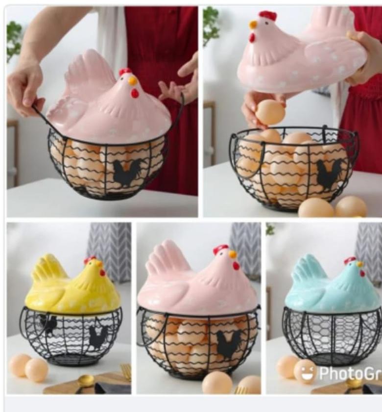  25 egg Metal wire egg basket with a stylish ceramic chicken cover now available in black mesh and 4 cover colours  image