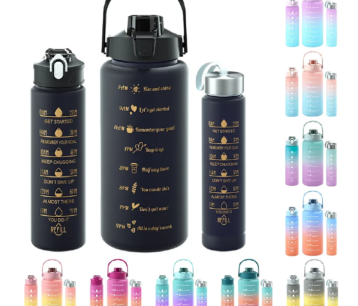 3 In 1 themed motivational water bottles 3pcs-Black &amp; Multicoloured image