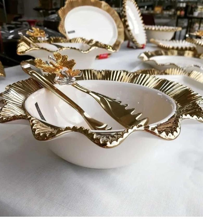 Round white and gold fine porcelain serving bowl image