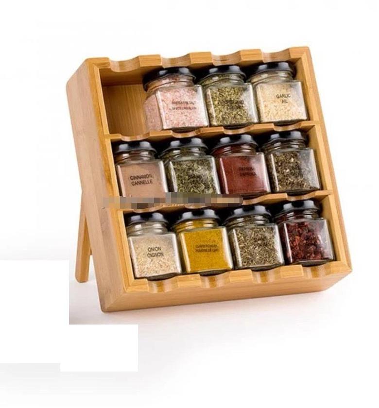 Square Glass spice jar set 12 jars+ bamboo stand ✔️ -Material: Glass  -Capacity: 200ml -Airtight, leak-proof lid image