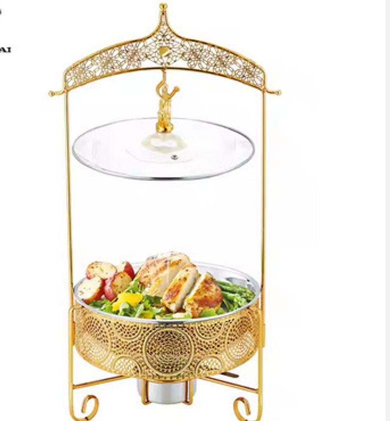 CHAFFING DISH ROUND FANCY GOLD STEEL    ✓Colour gold.   ✓Capacity 8L.    ✓Weight 2.87kgs..     ✓Material: stainless steel and glass lid. image