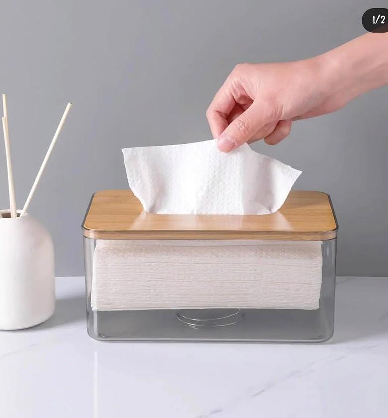 Acrylic serviette box with wooden lid. image