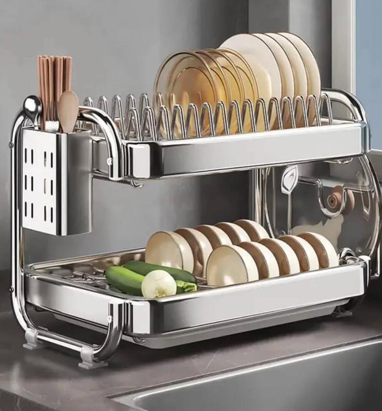 201ss Material 3-Tier Kitchen Chrome plated Dish Rack with drain tray image