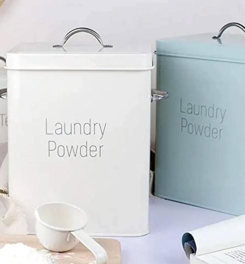 Alloy laundry powder tin with measuring cup image