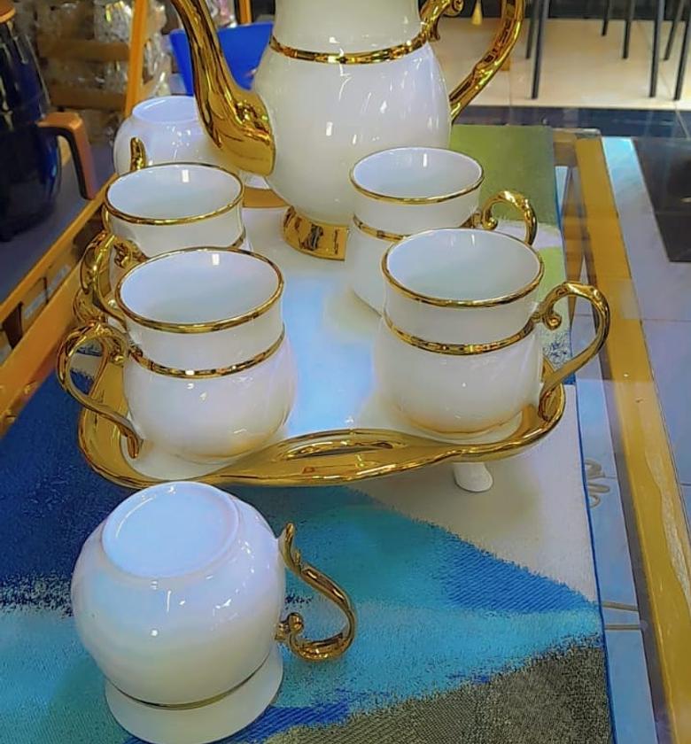  Nordic tea set with ceramic tray.     kettle  +Tray + 6 cups    With gold rim  COLOUR, Grey,Green,white&Pink image