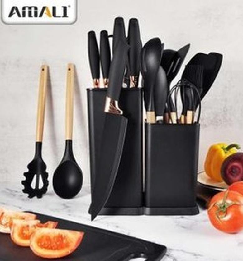 Silicon 19PCs Set of Wood Spoon And Knife Set - Includes Chopping Board image