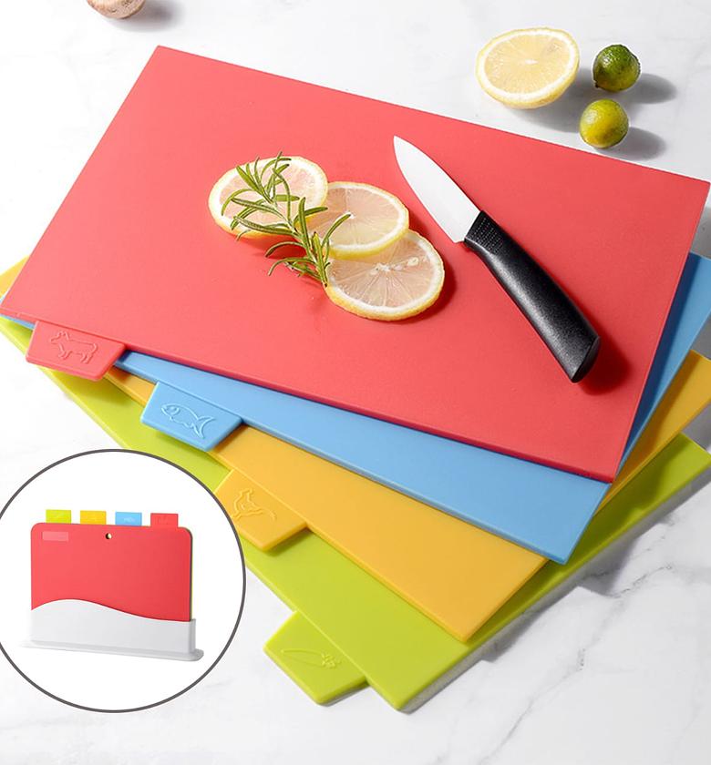  4 in 1 Plastic cutting board with storage shelf.Thicker Chopping Board Set with Color Coded Food Icon for Kitchen Different Food Types. image