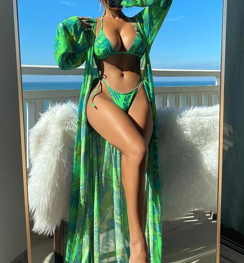 Womens 3 Piece Swimsuits String Bikini Triangle Halter Thong Bikini Sets with Long Sleeve Smock image