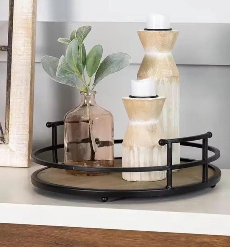 Home Decor Rustic Modern Metal and Wood Round Counter Tray. image