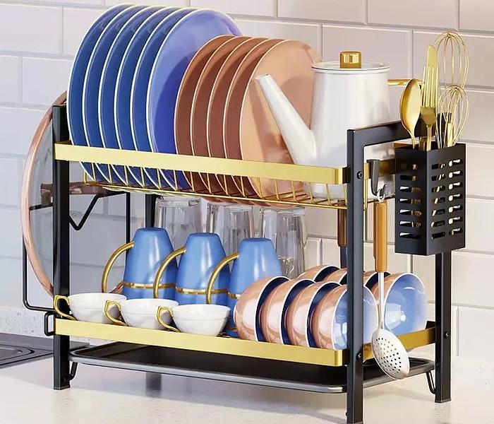 Two tier dish rack/drainer -gold/black image