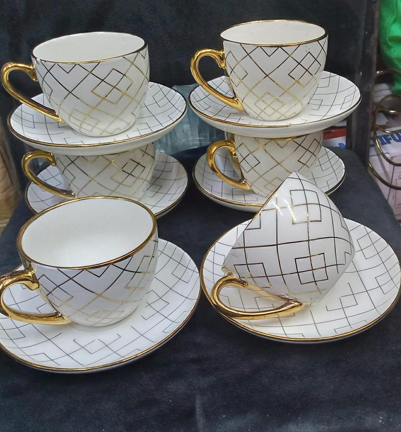 PORCELAIN Coffee Cup and Saucer With Gold Rim,Latte Mug Cup - Luxury,Modern,European style.Household Porcelain High-grade tea Cup and Saucer, Water cup,Flower tea Cup Set.White 220ML image