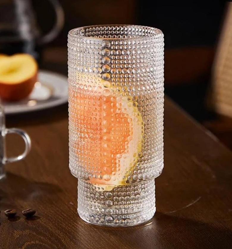 Embossed vintage Ribbed transparent Glass / iced coffe glass. image