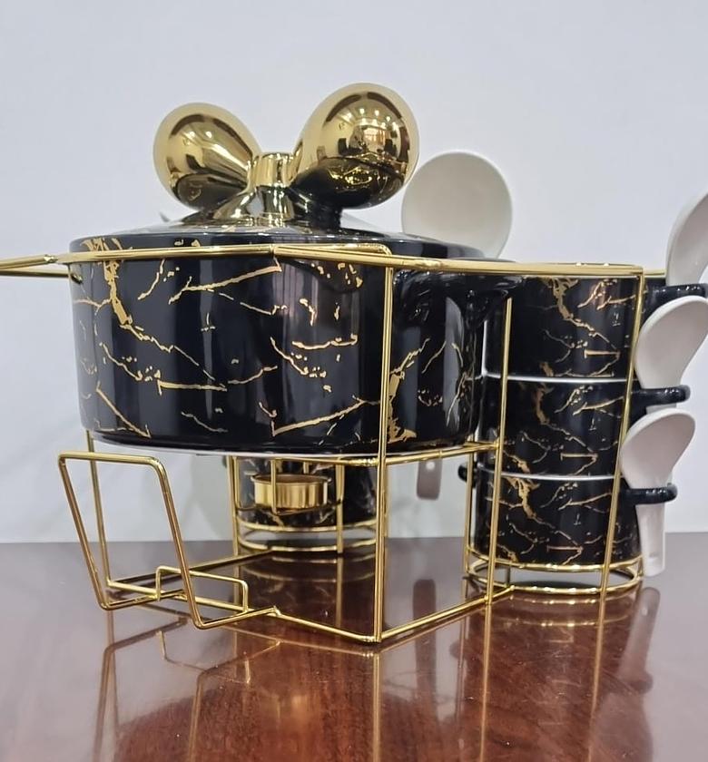 Fancy Ceramic Soup Tureen Bowl Gift Set with 6 Soup Bowls/Cups with Handles, Gold Stand & Lid, Hotpot Style Home Decor Kitchen Utensils Set BLACK MARBLE image