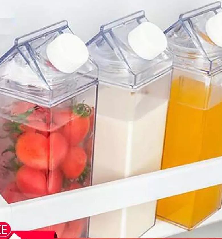 Milk / Water Bottle (500mL) Plastic Clear Square Milk Bottles No BPA Leakproof Water Bottle Portable Reusable Milk Carton Shaped Juice Bottle Perfect for Fitness Gym Camping Sports image
