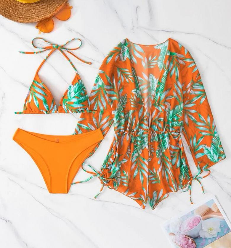 Ladies Adjustable Straps Cross Back Lace Up Bikini Set，Long-Sleeve Sun Protection Blouse Bra Padded Thong Swimsuit image