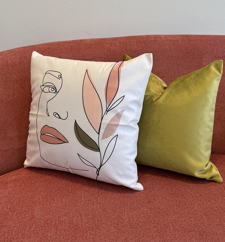 Soft white velvet cushion cover with abstract art. image