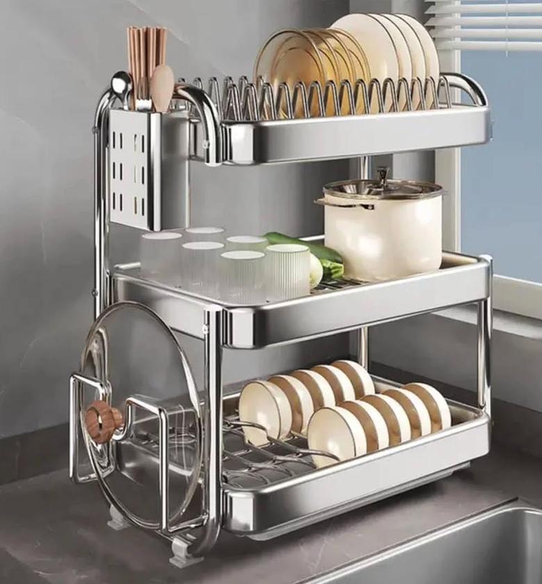 201ss Material 3-Tier Kitchen Chrome plated Dish Rack with drain tray image