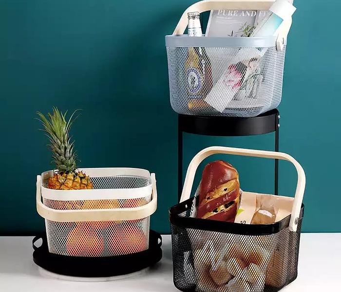 High quality Portable mesh wire fruit/ storage basket with wooden handles image